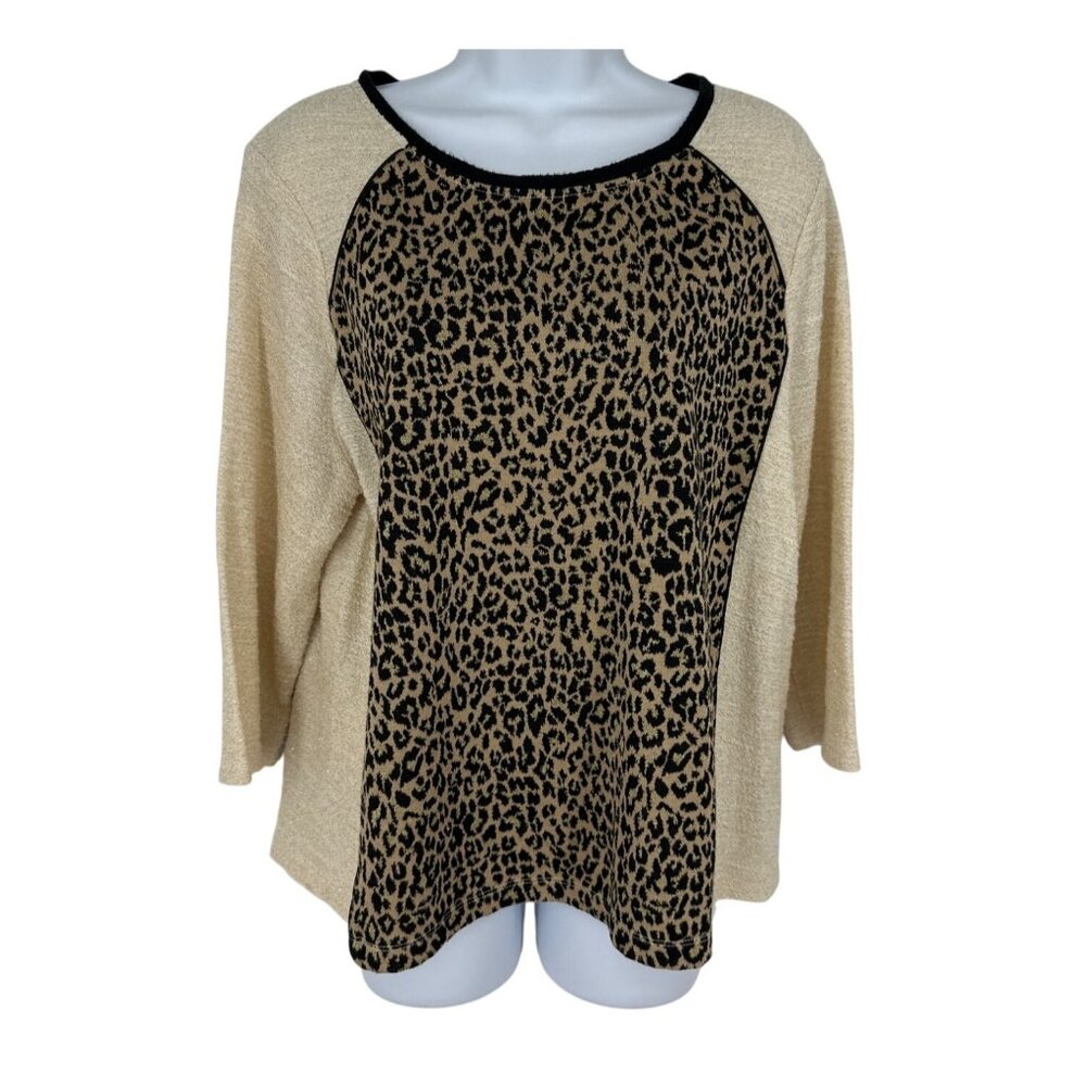 Chicos Zenergy Leopard Print Knit Raglan Top Beige & Black Women's Size 2 US L